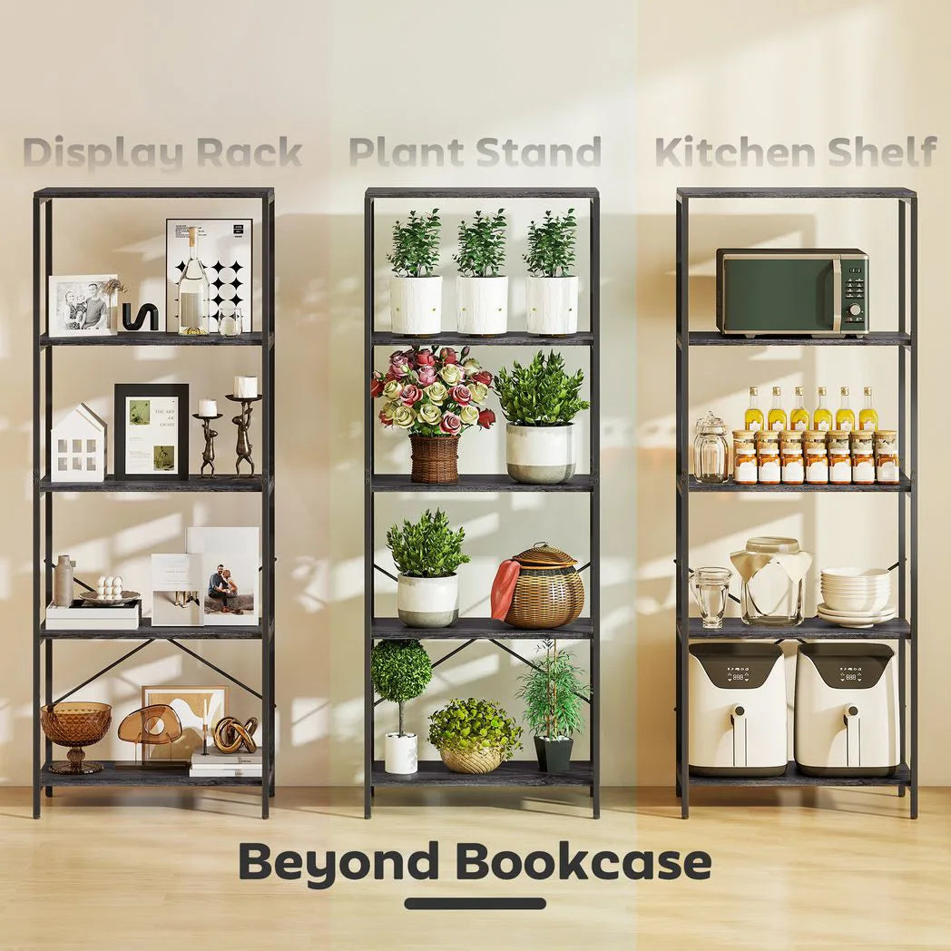 HOMCOM 5-Tier Industrial Bookcase with Metal Frame and Anti-Tipping Straps – Display Shelf, Dark Grey and Black