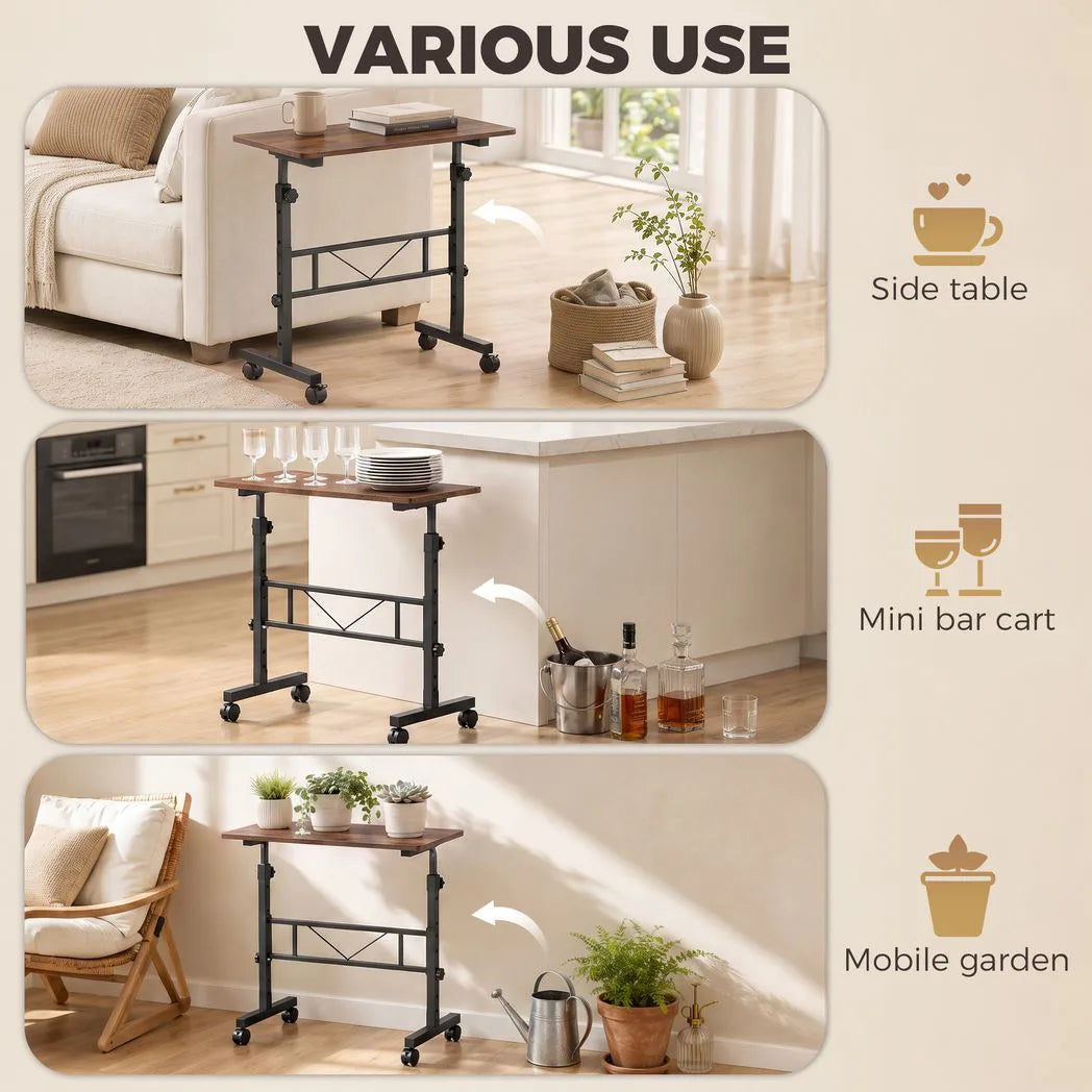 HOMCOM Overbed Table with 6 Adjustable Heights & Lockable Wheels – 80 x 40 cm Sofa Side Table, Rustic Brown