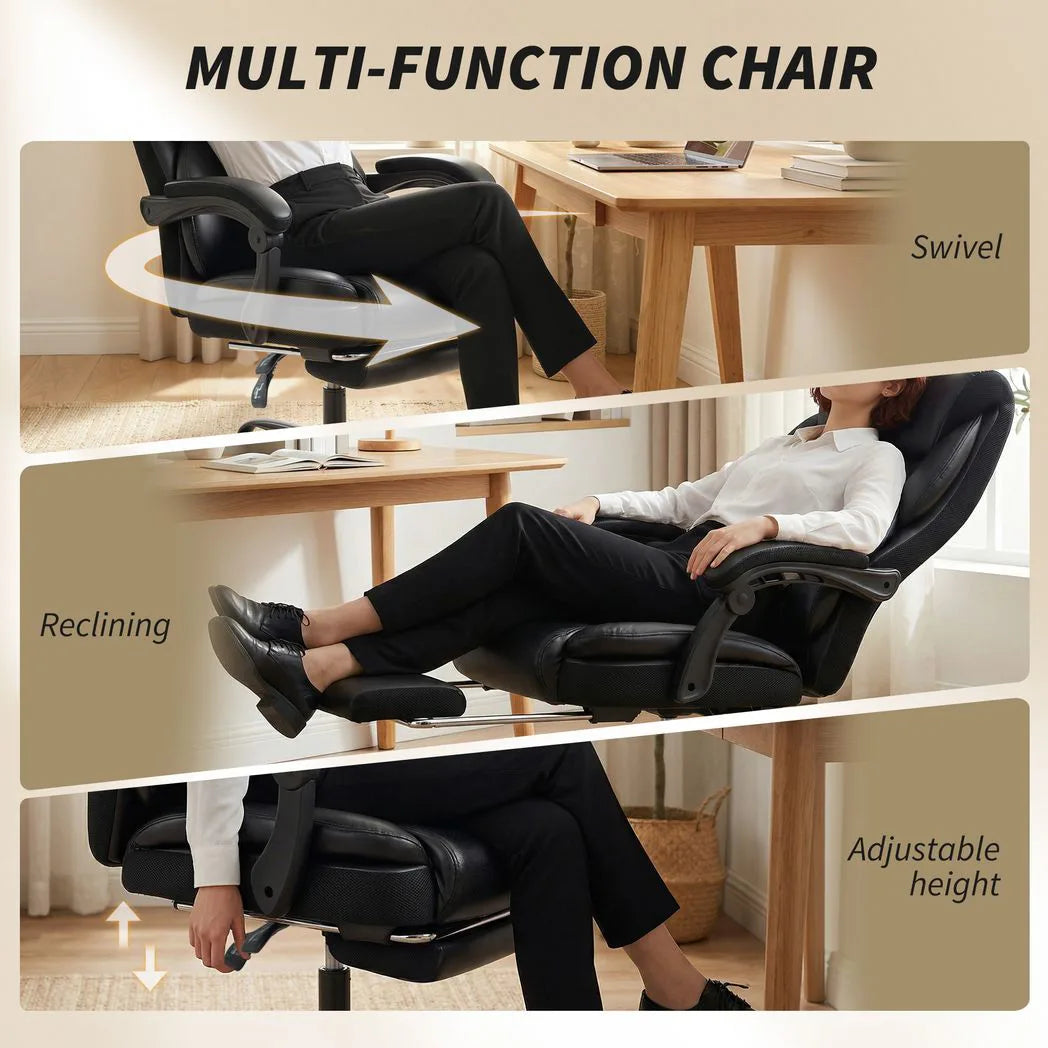 HOMCOM Reclining Office Chair with Footrest, Linkage Armrests and Casters – PU Leather Desk Chair, Black