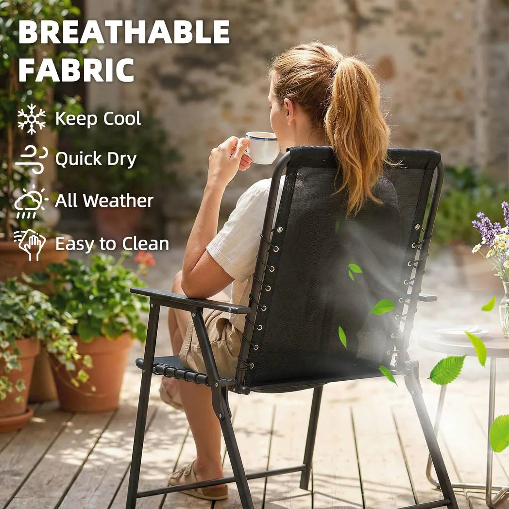Outsunny Set of 2 Folding Garden Chairs with Breathable Texteline Seat and Armrests – Outdoor Dining, Black