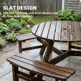 Outsunny 6 Seater Wooden Round Picnic Table with Matching Benches & Parasol Hole, Carbonised Finish