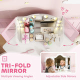 AIYAPLAY Kids Dressing Table and Stool Set with 2-Colour LED Lights, Tri-Folding Mirror and Side Pocket, White