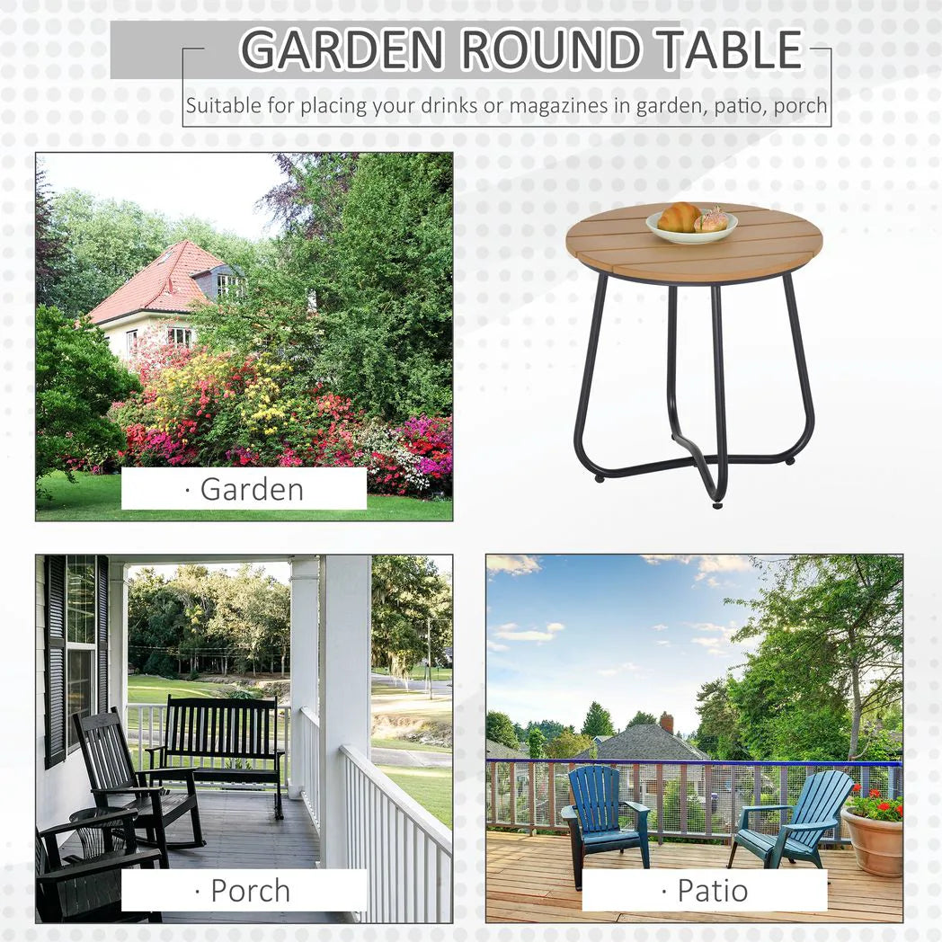 Outsunny Round Outdoor Side Table with Slatted Top and Adjustable Leg Pads, 49 x 49 x 48 cm – Natural Wood & Black