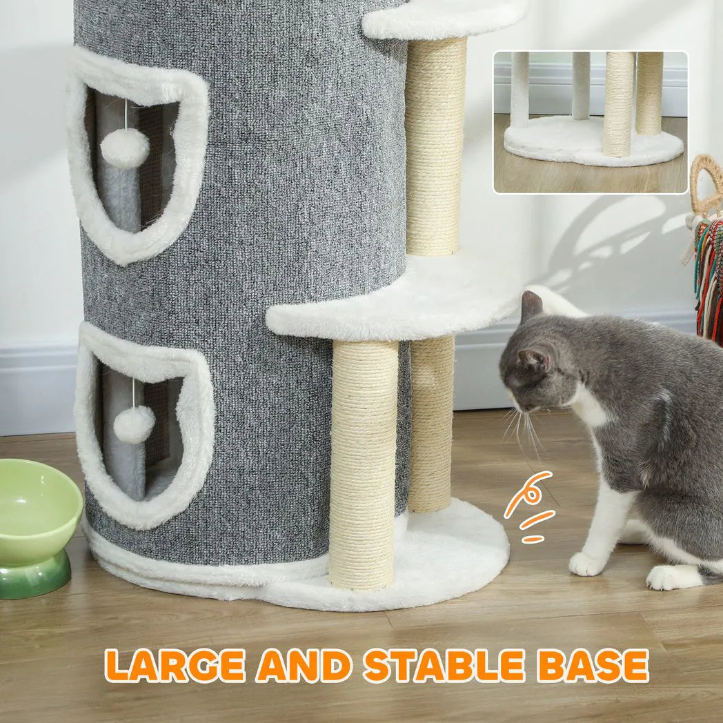 PawHut 101cm Cat Tree with Sisal Scratching Posts, 3 Barrel Condos – Indoor Cat Tower for Rest and Play