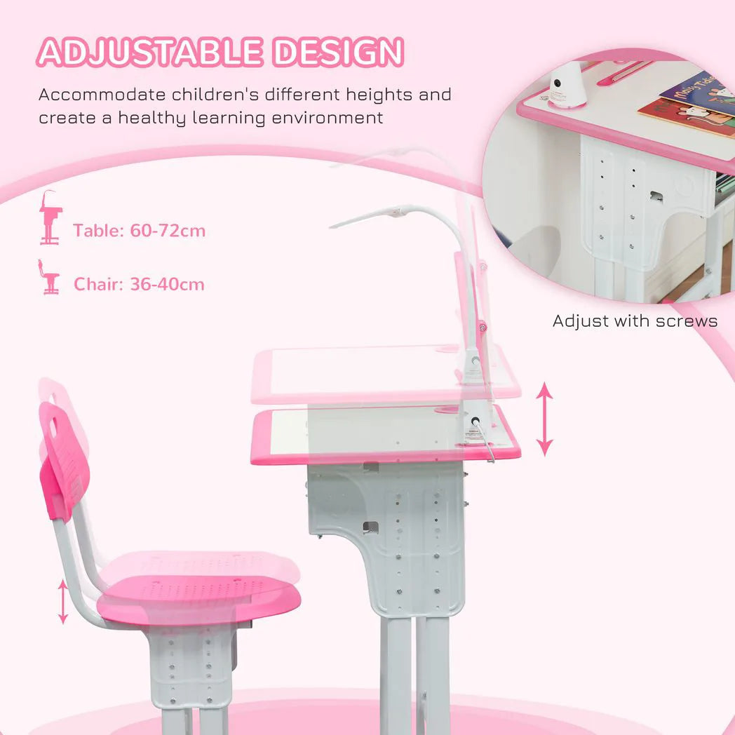 HOMCOM Kids Desk and Chair Set with Adjustable Height, Drawer & Book Stand – Study Table, Ages 6-12, Pink