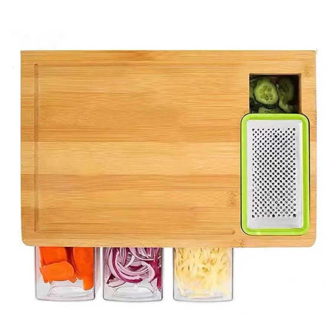 Large Bamboo Chopping Board with 4 Storage Containers & Anti-Slip Pads – Elevated Cutting Board with Juice Grooves