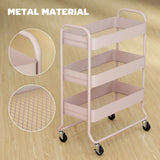 HOMCOM 3-Tier Storage Trolley on Wheels with Mesh Baskets – Rolling Utility Cart for Home, Light Pink