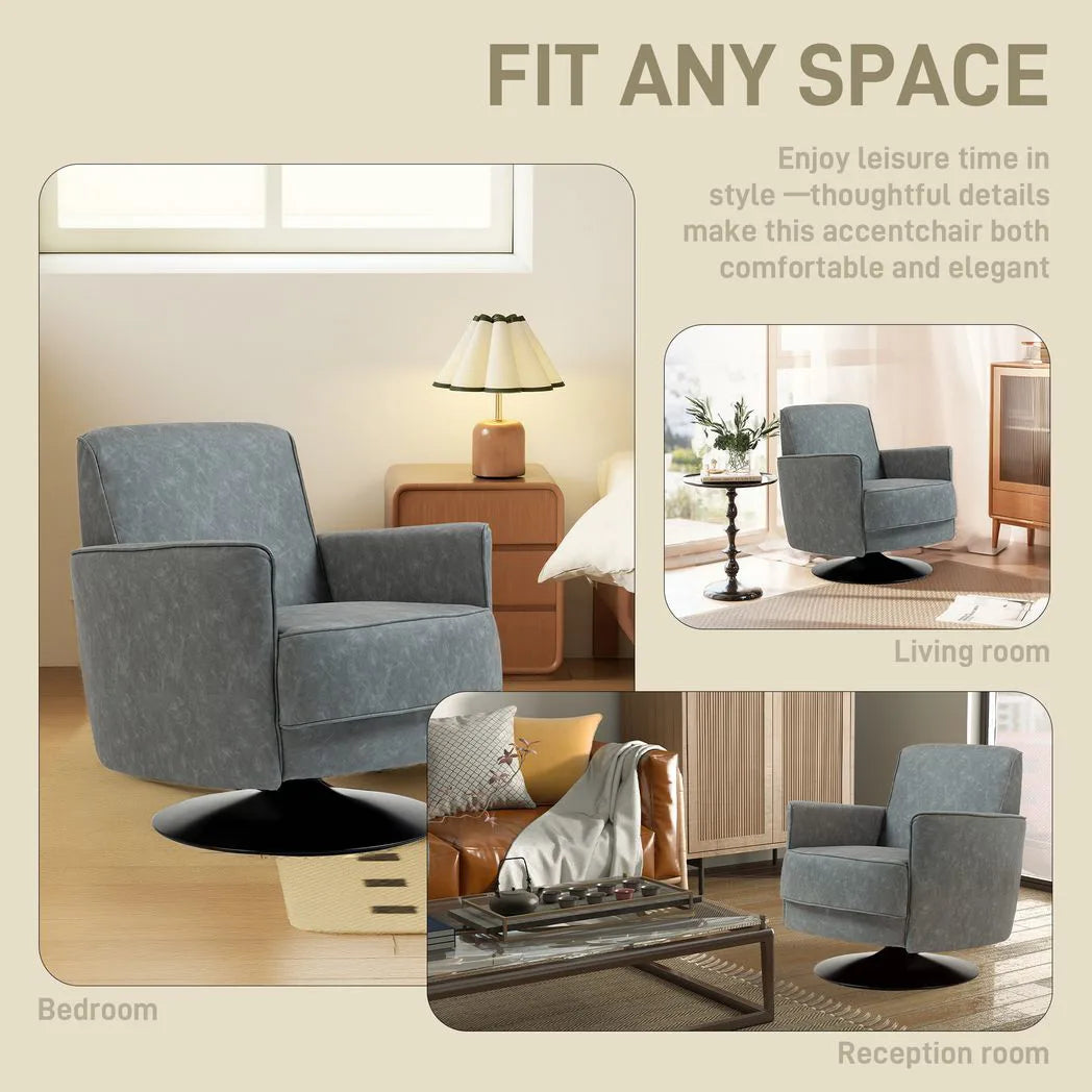HOMCOM Upholstered 360° Swivel Accent Chair with Thick Padding and Pocket Springs – PU Leather Armchair, Grey