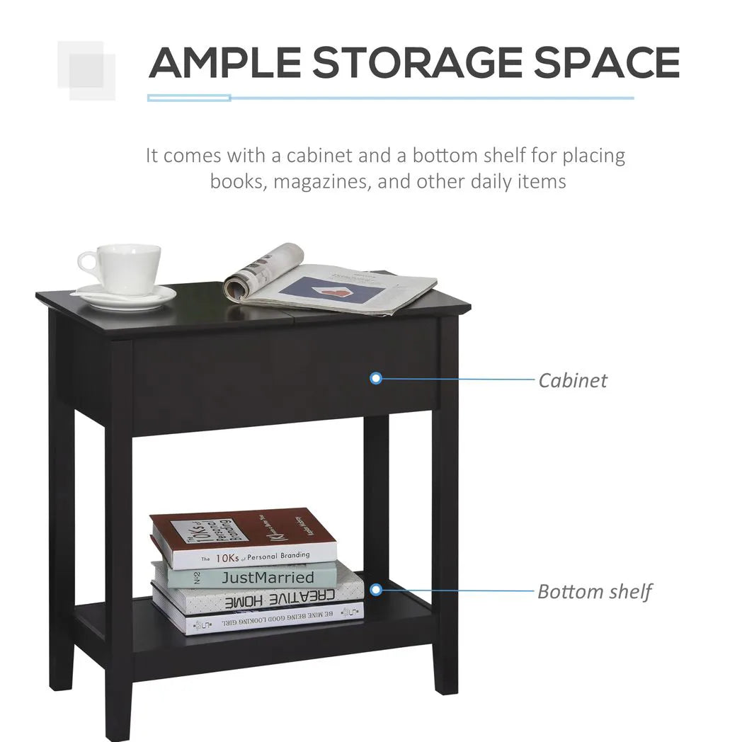 HOMCOM Narrow End Table with Flip Top and Bottom Shelf – Retro Side Table for Living Room and Study, Dark Coffee