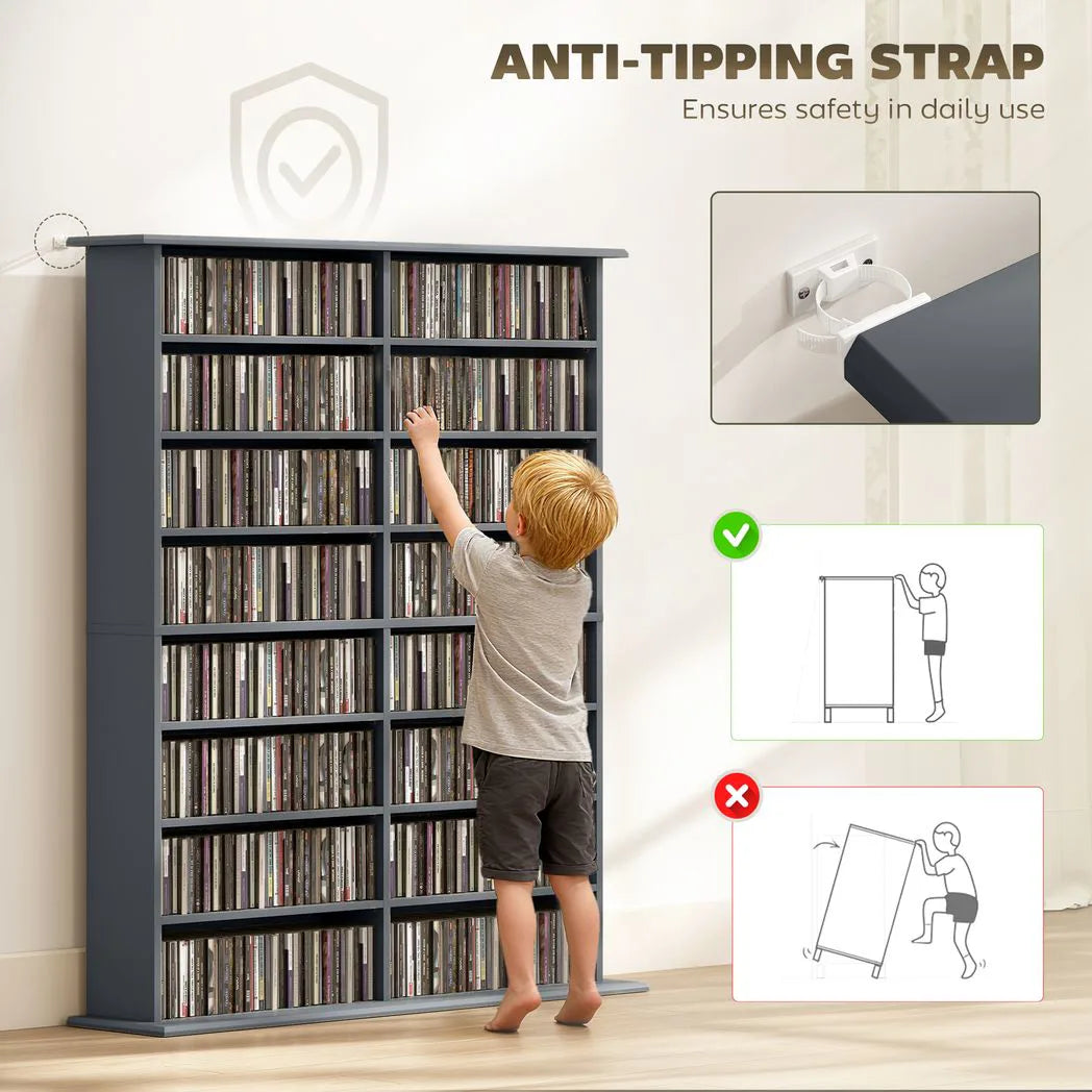 HOMCOM 16-Compartment Media Shelf with 12 Adjustable Shelves, Holds 720 CDs – CD and DVD Tower, Grey