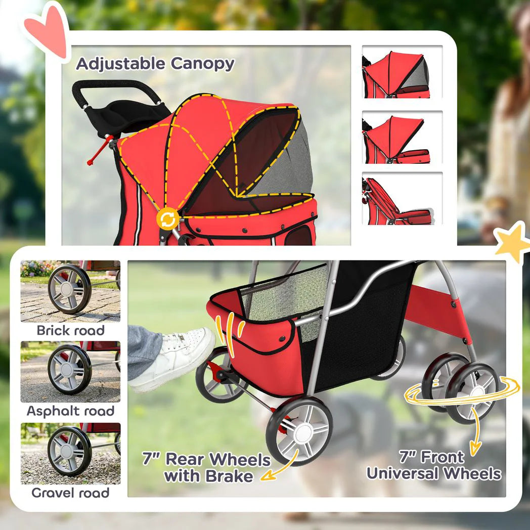 PawHut Dog Pram Pet Stroller with Reflective Strips and 360° Swivel Wheels – Foldable Travel Buggy, Red