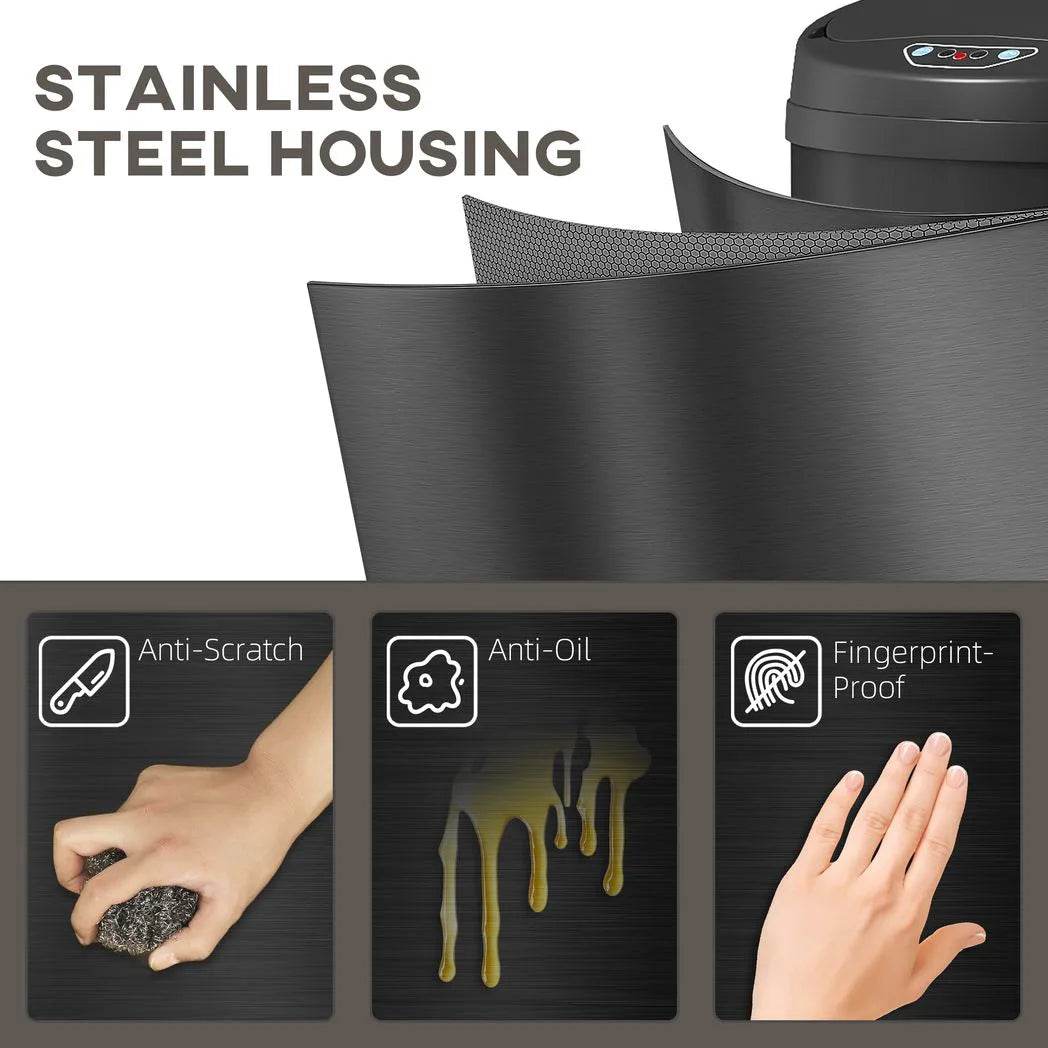 HOMCOM 30L Stainless Steel Sensor Bin with Soft-Close Lid – Touch-Free Kitchen Rubbish Bin, Black
