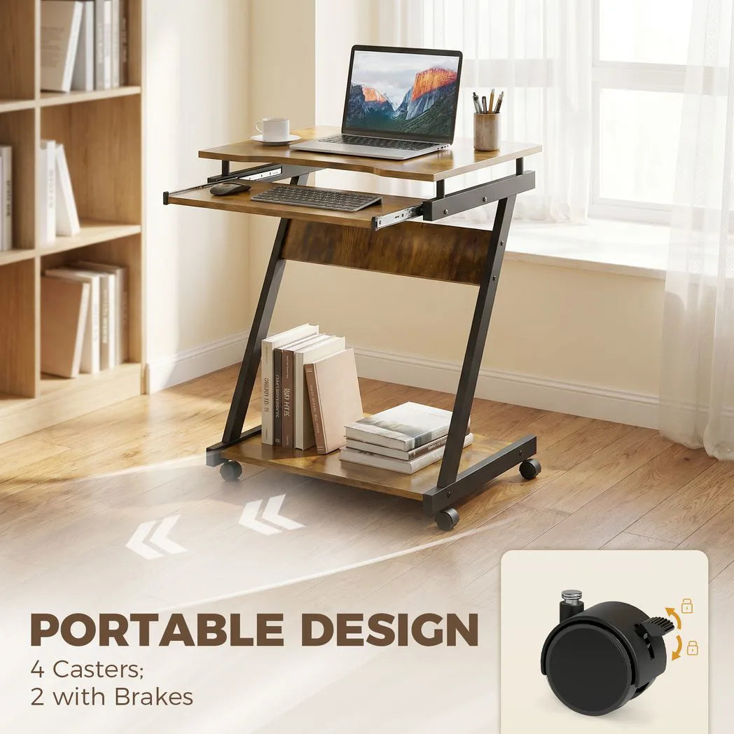 HOMCOM Movable Computer Desk with 4 Wheels and Keyboard Tray – Compact Home Office Workstation with Shelf