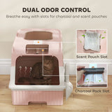 PawHut Enclosed Cat Litter Box with Pull-Out Drawer, Scoop & 2 Deodorisation Bags – Top Exit, Pink