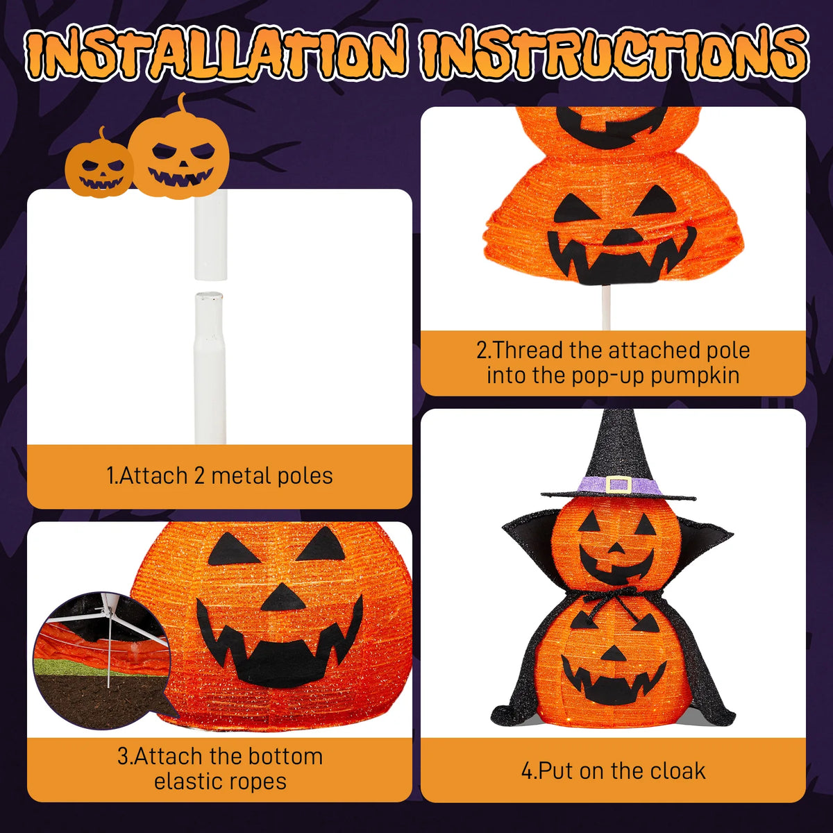 Pop-Up Lighted Halloween Pumpkins 3ft – 2 Pack Collapsible Jack-o-Lanterns, 176 Warm LEDs