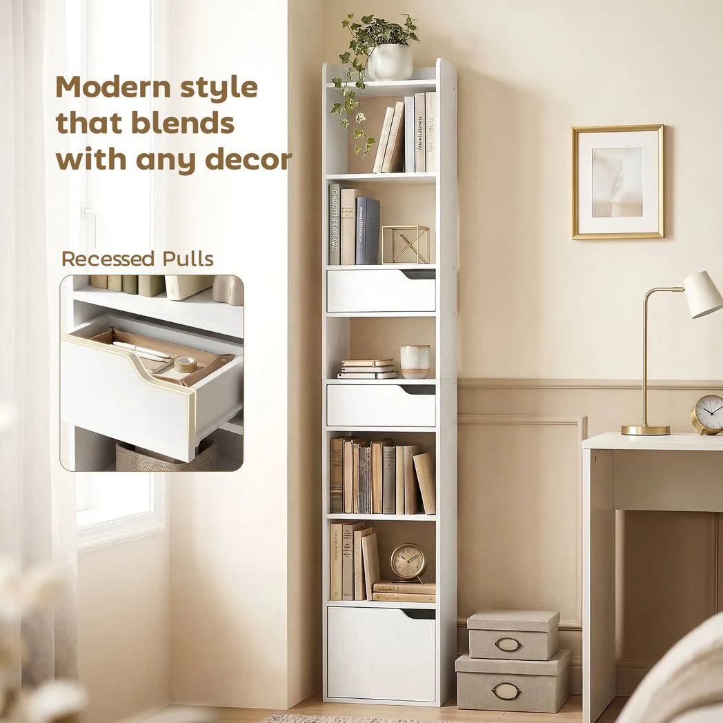 HOMCOM Tall Narrow Bookcase with Drawers and Bottom Cabinet – Freestanding Living Room Storage, White Wood Effect