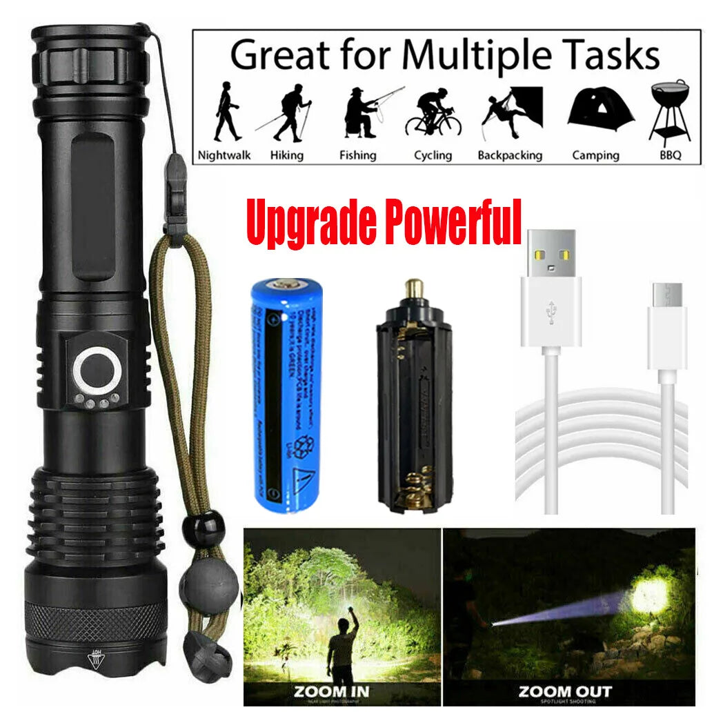 USB Rechargeable LED Flashlight with 5 Modes – Zoomable Aluminium Torch for Camping and Hiking, Black