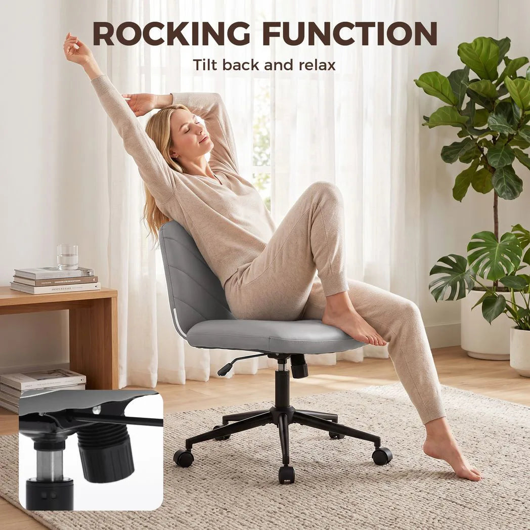 HOMCOM Armless Home Office Desk Chair with Wide 62cm Seat, Adjustable Height and Rocking – Pet-Friendly Leather, Grey