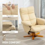 HOMCOM PU Leather Swivel Recliner Chair with Storage Footstool and Wooden Base – Living Room Armchair, Beige