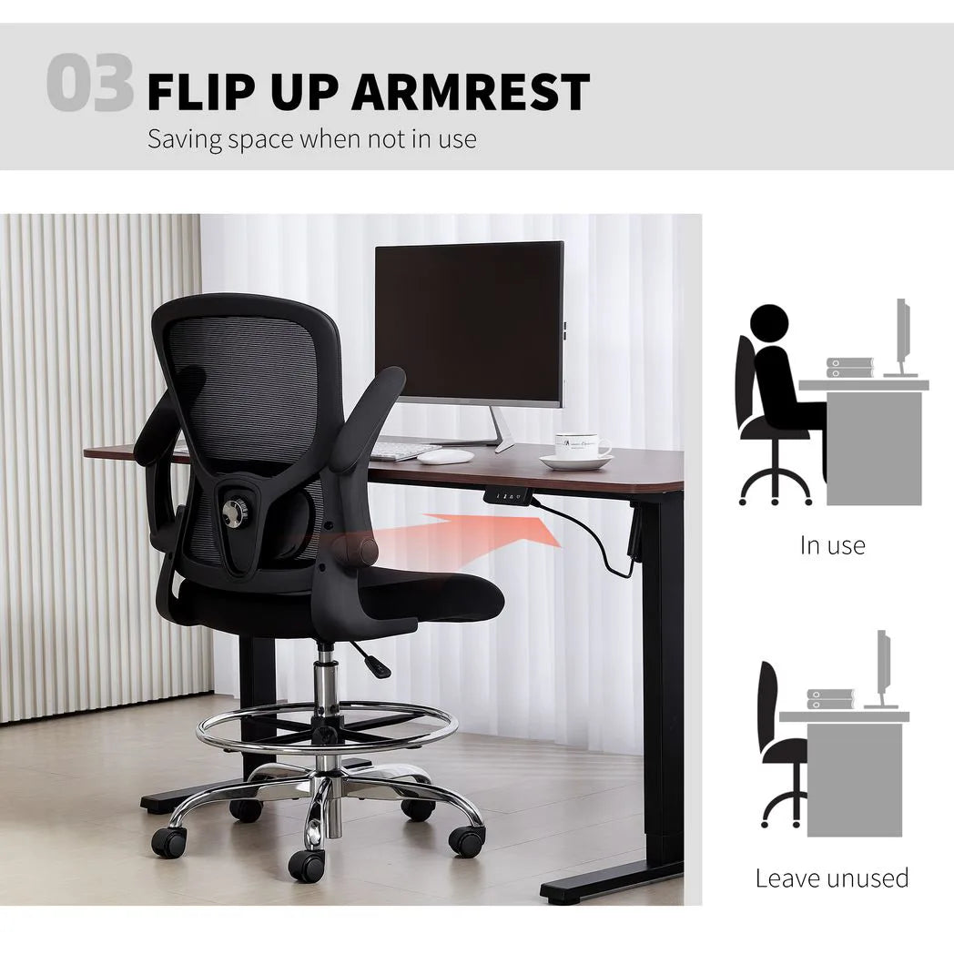 HOMCOM Draughtsman Chair with Adjustable Lumbar & Flip-up Armrests – Mesh Back Drafting Chair, Black