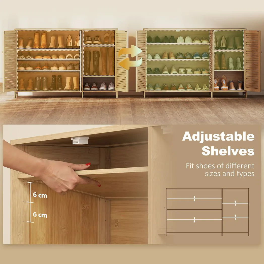 HOMCOM Bamboo Shoe Cabinet with Louvred Doors and Adjustable Shelves – Holds 18 Pairs, Natural