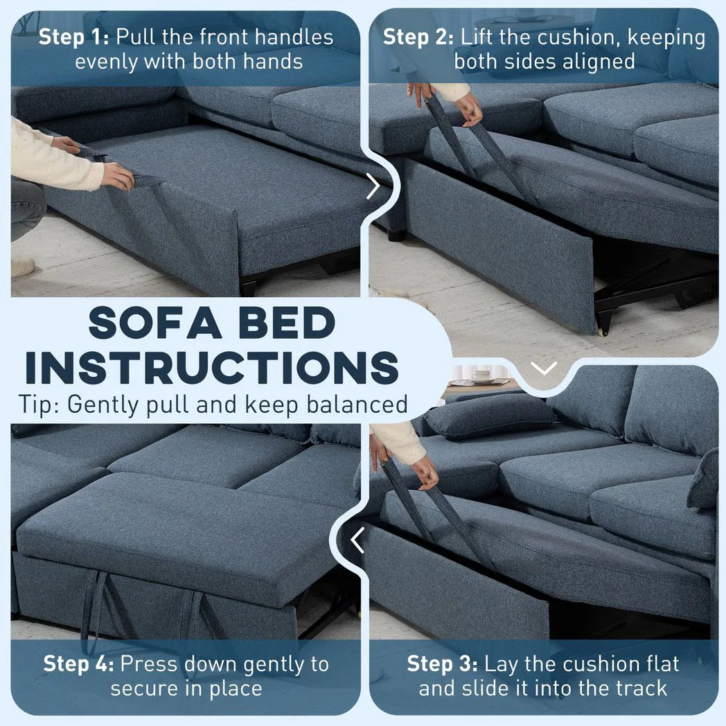 HOMCOM Corner Sofa Bed with Reversible Storage Chaise and USB Charging – L Shaped Sleeper, Blue