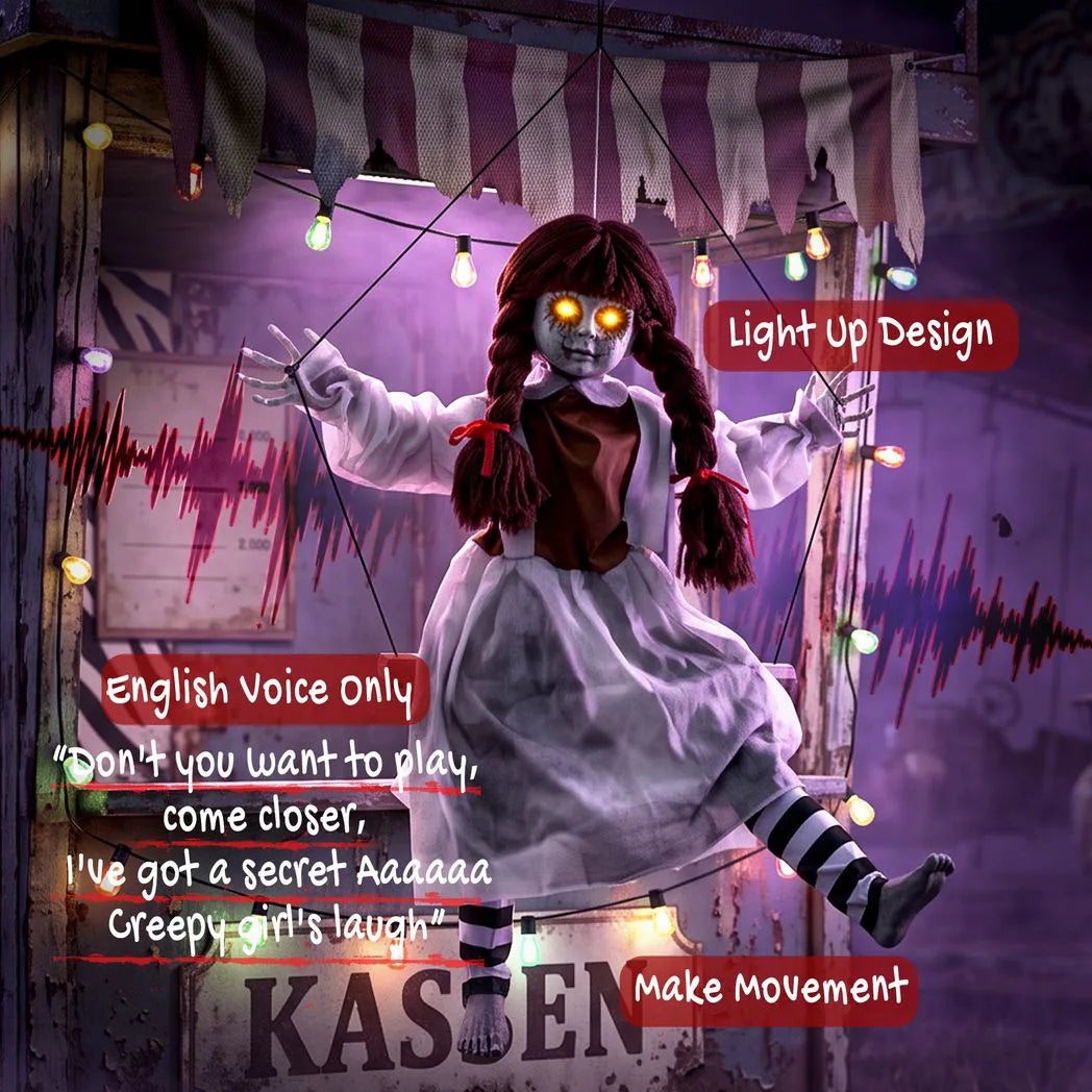 HOMCOM 80 cm Halloween Animated Hanging Creepy Girl on Swing Decoration, Kicking Legs