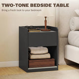 HOMCOM Modern Slim Bedside Table with Drawer, Shelf & Cable Holes – Nightstand, Black and Grey Wood Effect