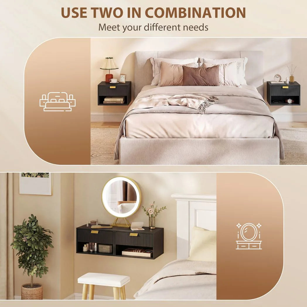 HOMCOM Floating Bedside Tables, Set of 2 Wall Mounted Nightstands with Fluted Drawer & Open Shelf, Black