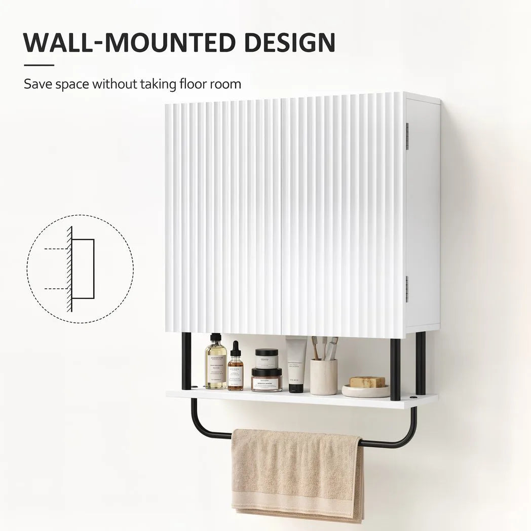 HOMCOM Bathroom Wall Cabinet with Doors and Towel Bar – Wall-Mounted Space-Saving Storage, White