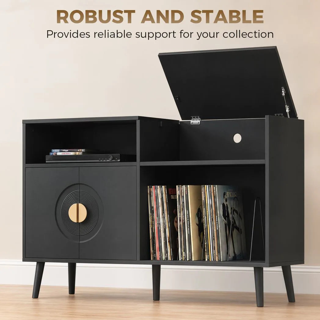 HOMCOM Record Player Stand with 300-Album Vinyl Storage & Flip-Top Compartment – Mid-Century Style, Black