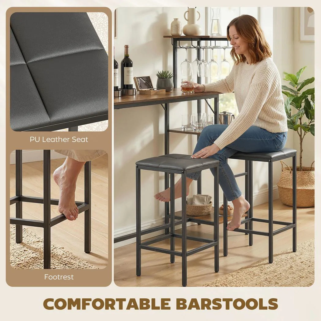 HOMCOM 3 Piece Breakfast Bar Table and Stools Set with 4-Tier Shelving and Wine Glass Racks, Rustic Brown