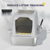 PawHut Extra Large Stainless Steel Enclosed Cat Litter Box with Scoop – Front-Entry and Top-Exit Tray
