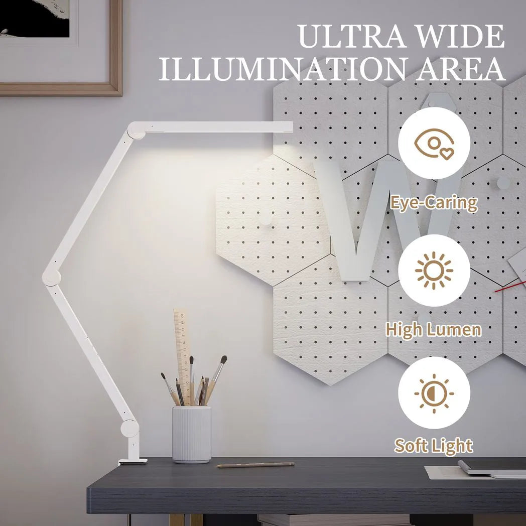 HOMCOM LED Desk Lamp with Clamp & Swing Arm, 2 Colour Modes, 5 Brightness Levels – Study Task Light, White