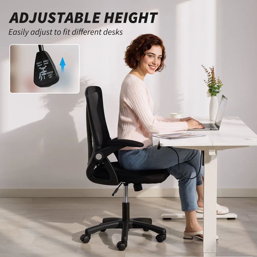 HOMCOM Mesh Office Chair with Flip-Up Armrests, Lumbar Support and Adjustable Height – Desk Chair, Black