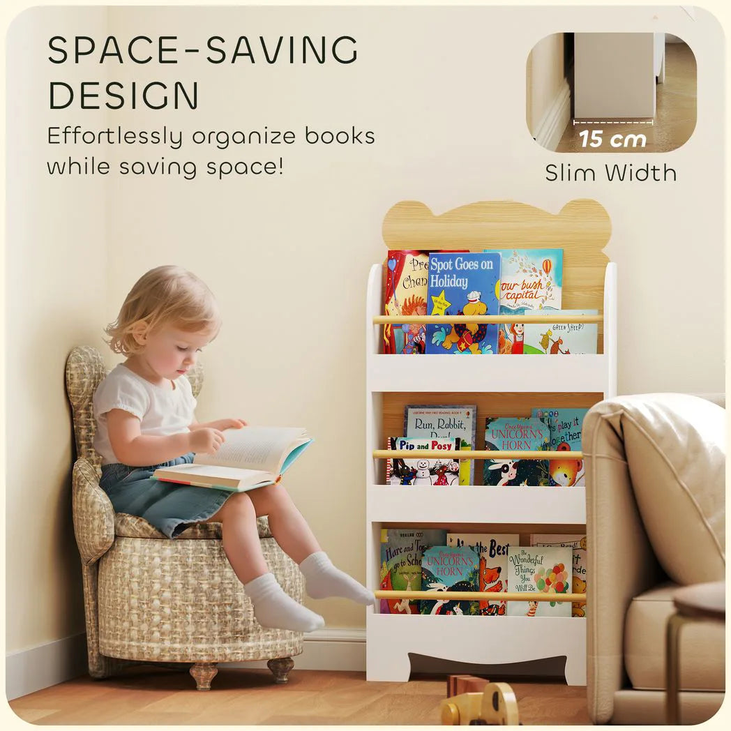 AIYAPLAY Kids 3-Tier Bookshelf with Bear Design, Anti-Tip Device and Guardrails – Children's Bookcase, White