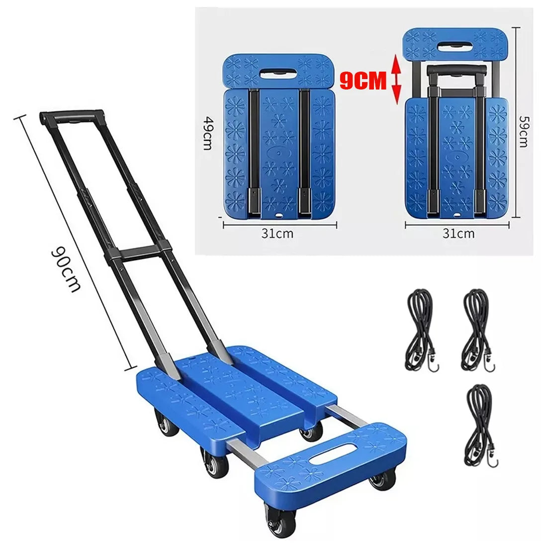 270kg Folding Hand Truck Trolley – Telescopic Aluminium Platform Cart for Shopping & Travel, Blue/Black