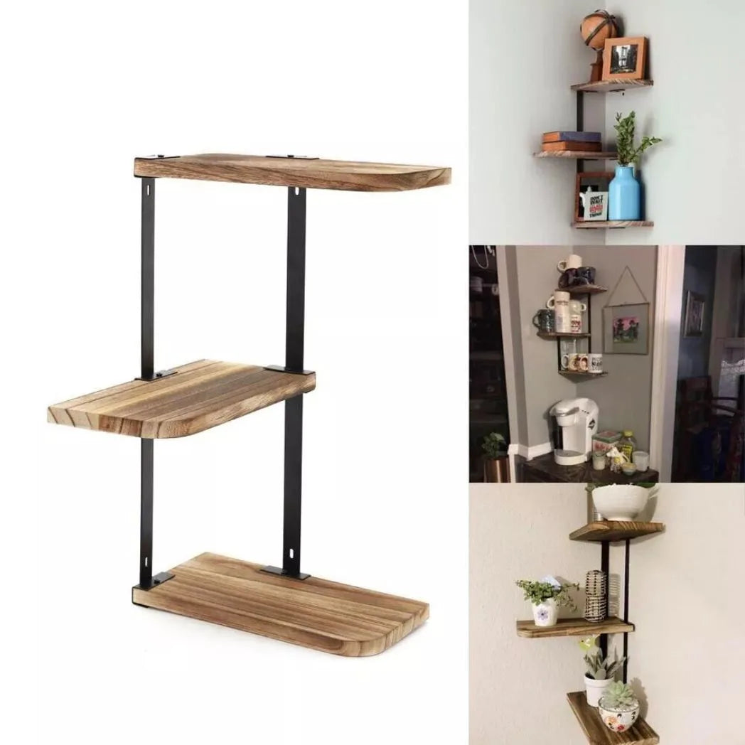 3-Tier Luca Corner Wall Shelf – Modern Floating Pine & Iron Storage Display Shelving, Black & Light Brown