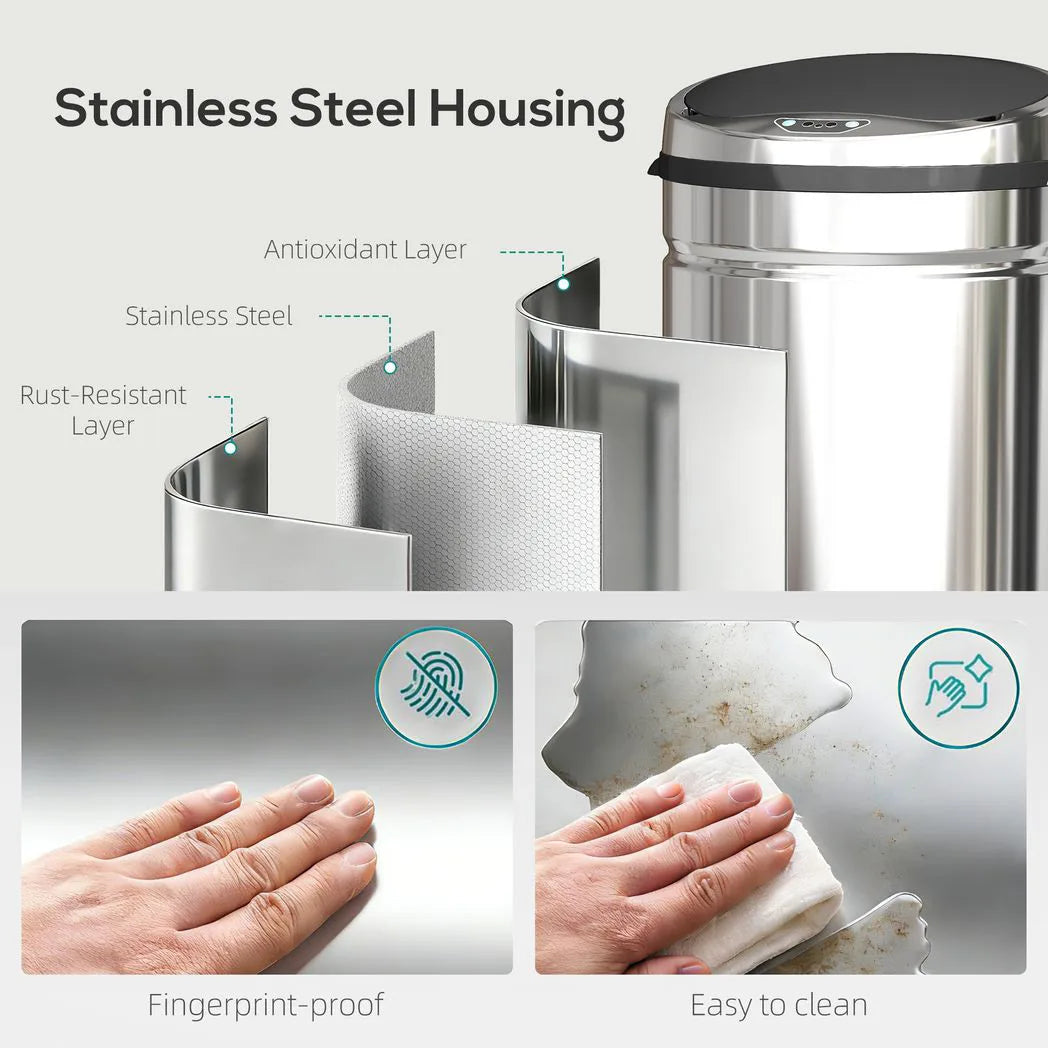 HOMCOM 50L Stainless Steel Sensor Bin with Soft-Close Lid – Touch-Free Automatic Kitchen Bin, Silver Tone
