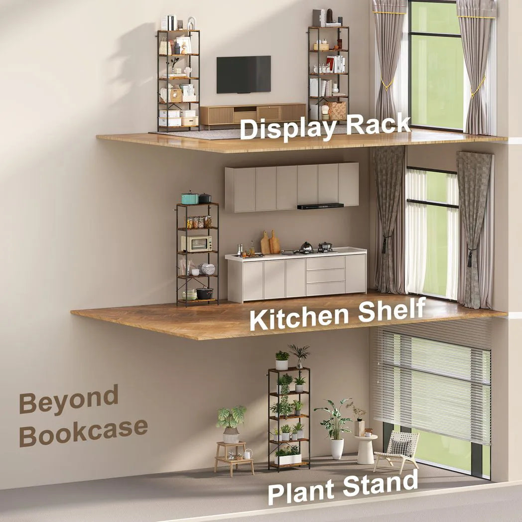 HOMCOM 5-Tier Industrial Bookcase with Metal Frame and Anti-Tipping Straps – Display Shelf, Rustic Brown and Black