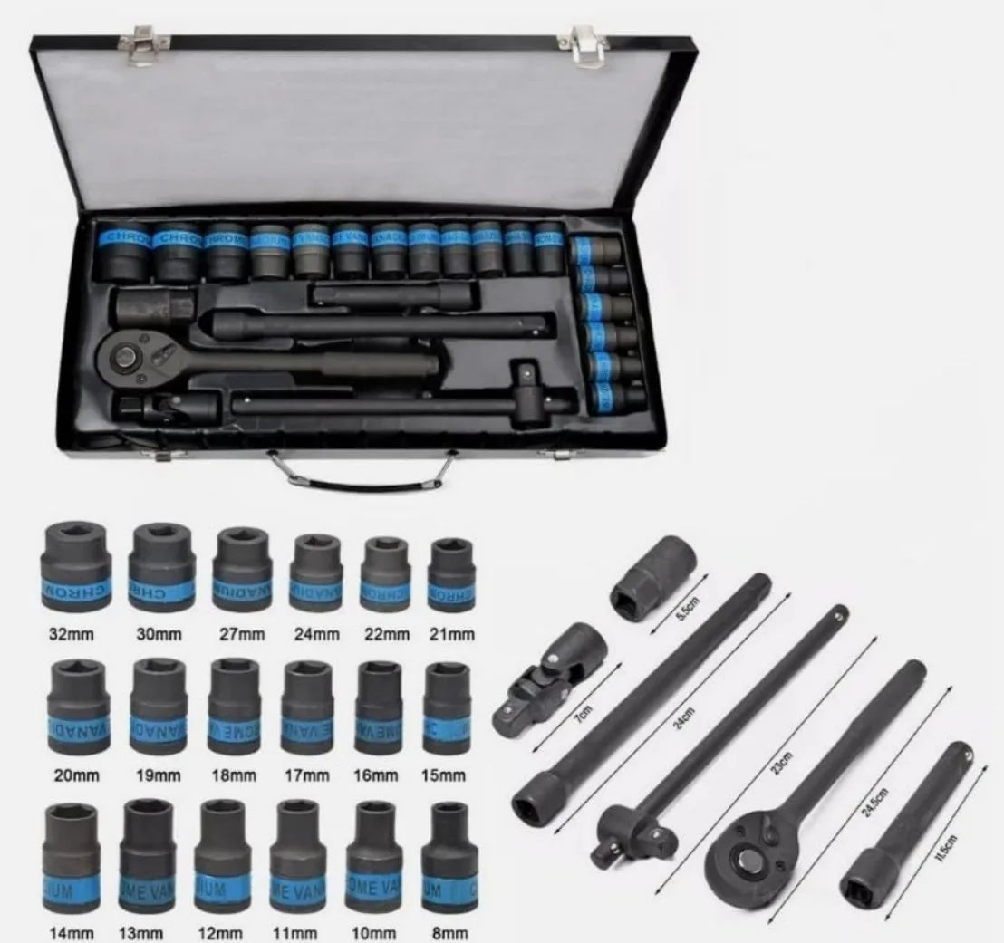 Heavy Duty 1/2" Ratchet Wrench and Metric Socket Set, 8–32mm – Chrome Vanadium Steel with Metal Case