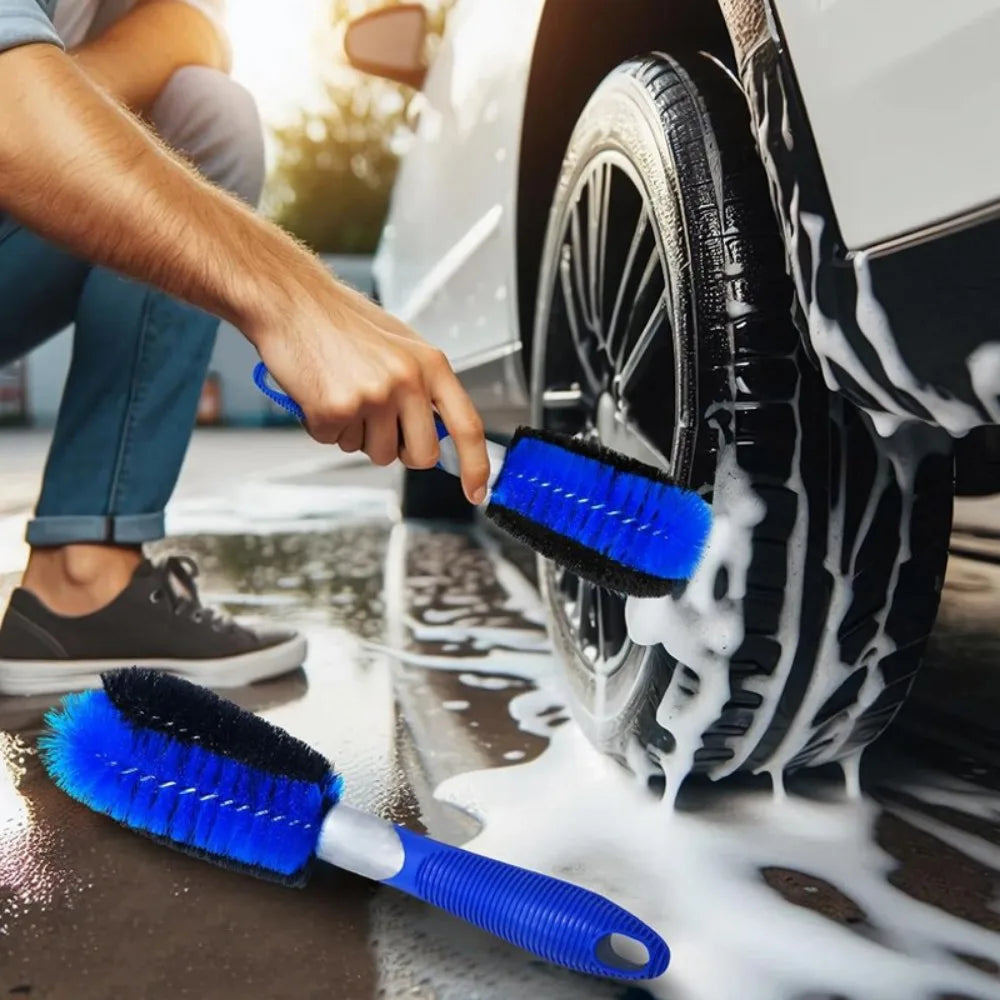 3-Piece Wheel and Tyre Cleaning Brush Set – Soft Bristle Alloy Wheel Cleaner for Cars and Bikes, Blue