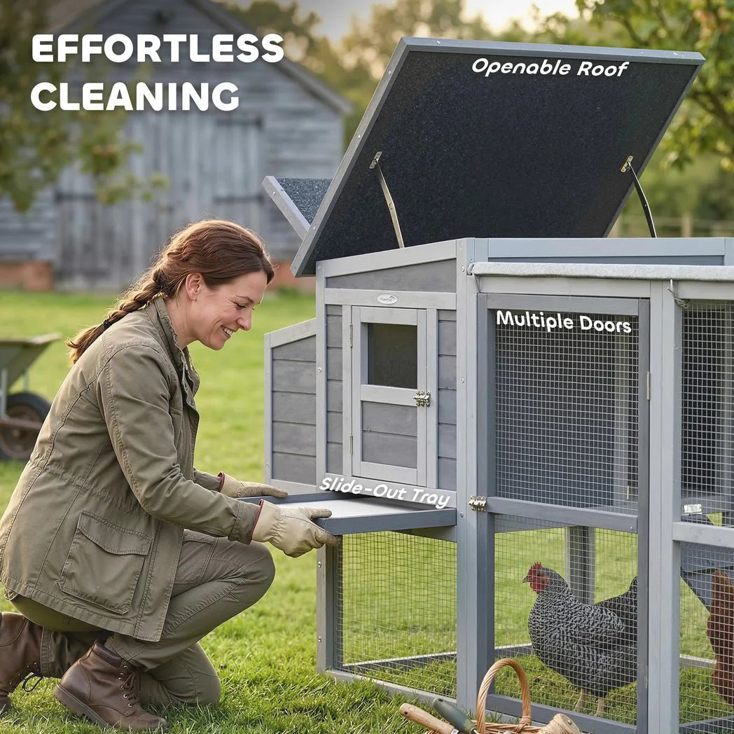 PawHut Large Chicken Coop with Covered Run, Nesting Box and Pull-Out Tray – Wooden Hen House, Asphalt Roof