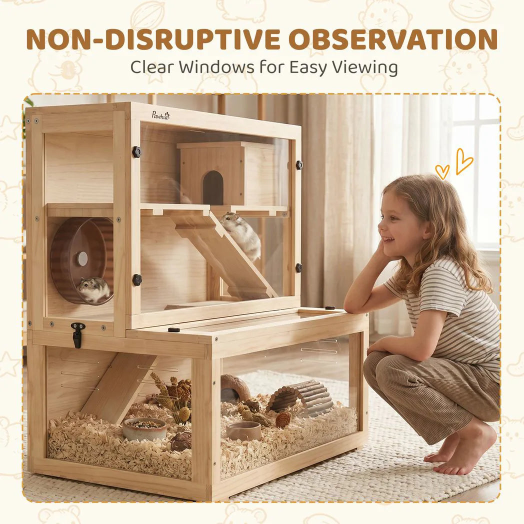 PawHut Wooden Hamster Cage with Hut, Wheel, Ramps and Removable Viewing Panels, 80 x 50 x 84 cm, Natural