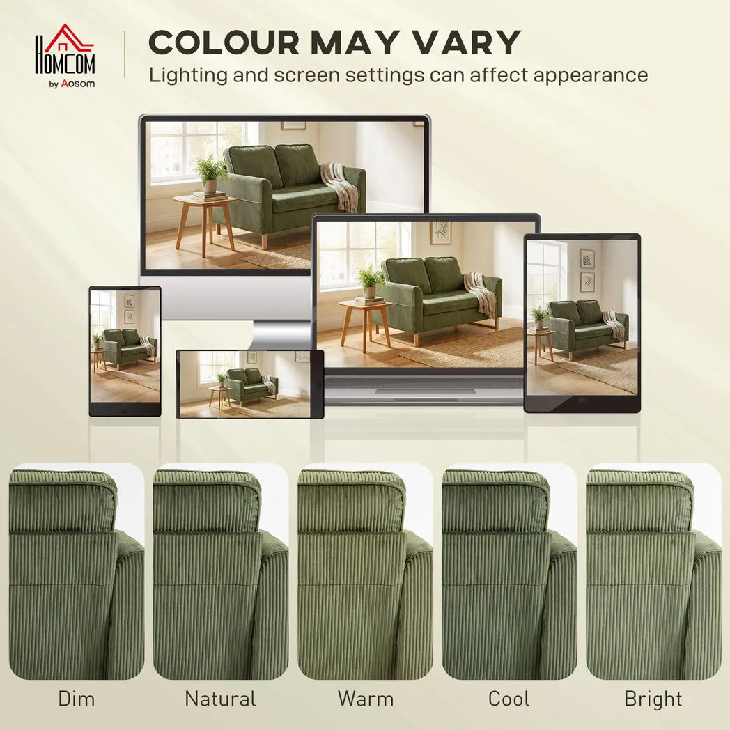 HOMCOM 2 Seater Sofa, 140 cm Corduroy Loveseat with Pocket Springs, Metal Legs and 2 Pillows – Dark Green