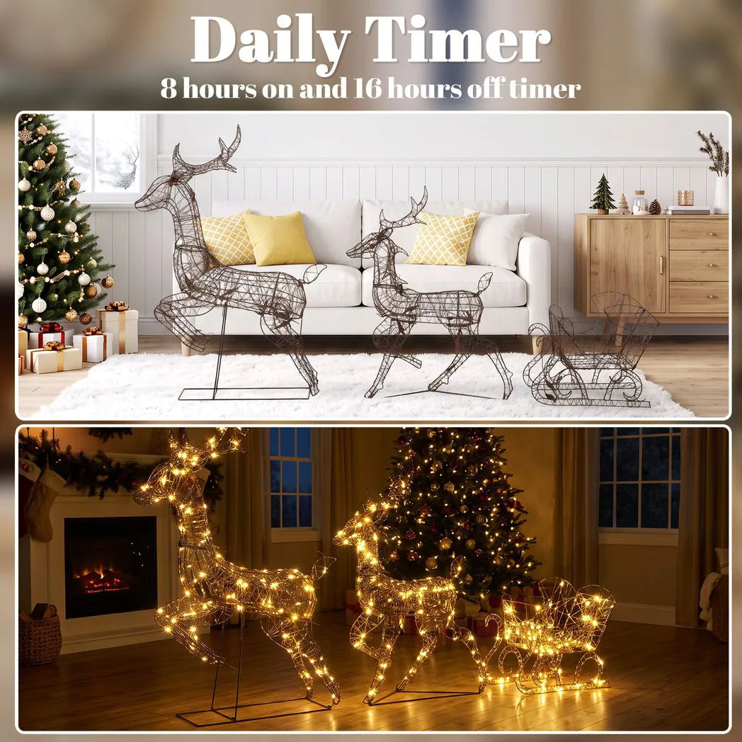 Outsunny Lighted Rattan Reindeer & Sleigh – 3 Piece