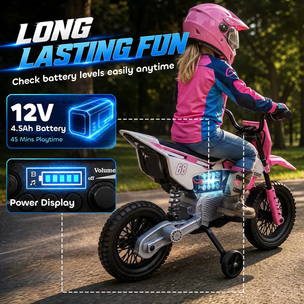 AIYAPLAY Kids 12V Electric Motorcycle with Training Wheels, Soft Start, Rear Suspension & Music – Ages 3-6, Pink