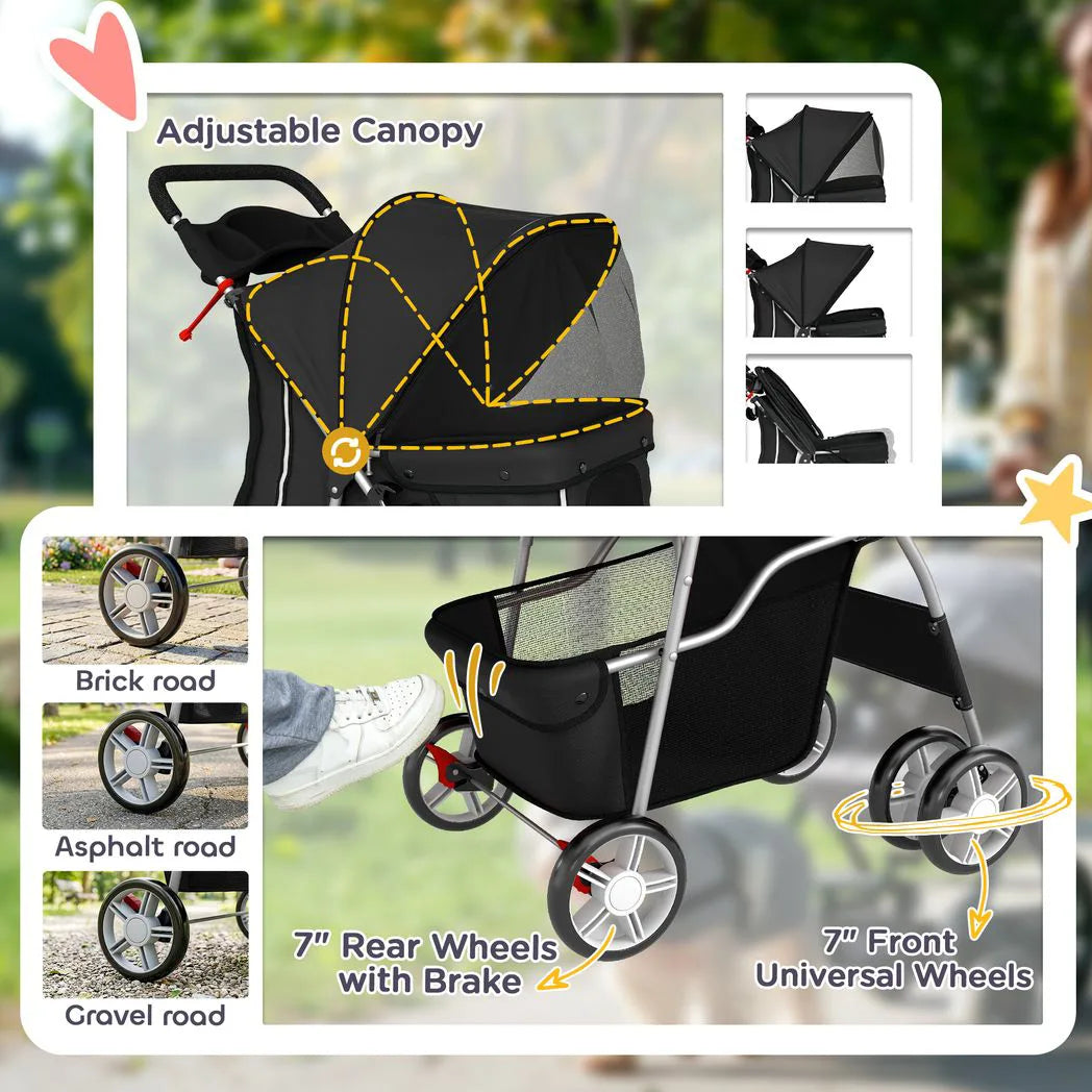 PawHut Foldable Dog Pram with Reflective Strips and 360° Swivel Wheels – Pet and Cat Stroller, Black