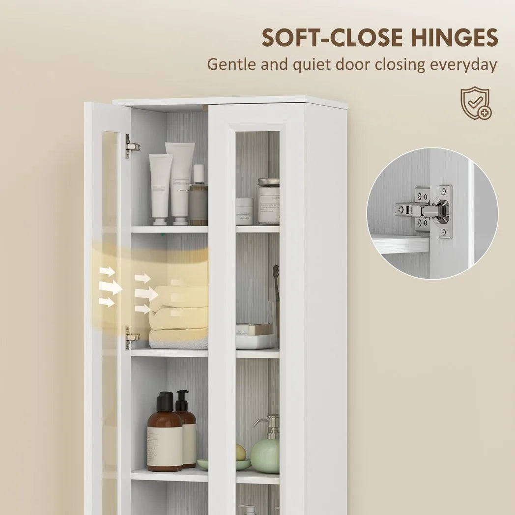 HOMCOM Tall Bathroom Storage Cabinet with 6 Tiers, Adjustable Shelf and 4 Soft-Close Doors – Slim Floor Cabinet, White