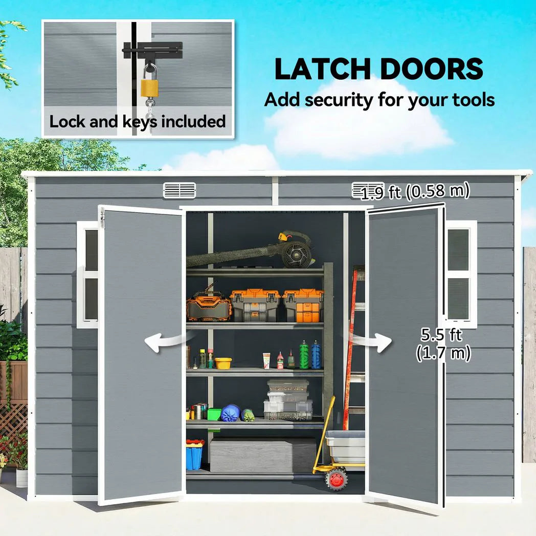Outsunny 10 x 4ft Resin Garden Shed with Floor, Windows & Lockable Double Doors – Outdoor Storage, Grey